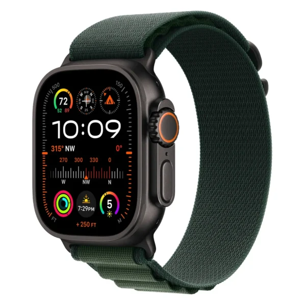 Apple Watch Ultra 2, 49 мм, корпус из черного титана, Зеленый ремешок, Alpine Loop