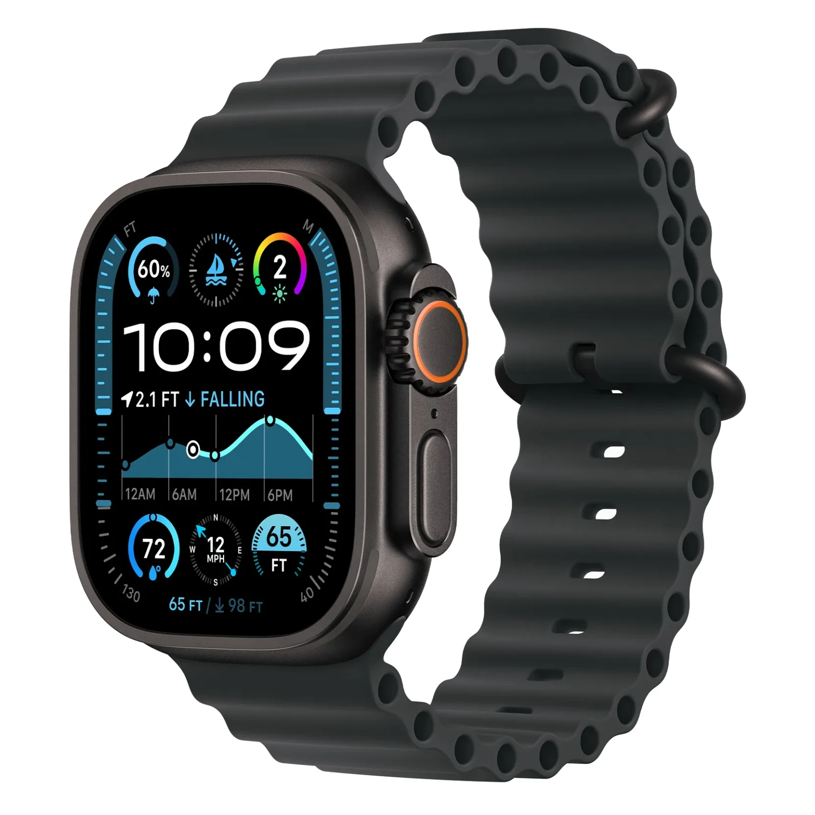 Apple Watch Ultra 2, 49 мм, корпус из черного титана, Черный ремешок, Ocean Band №1