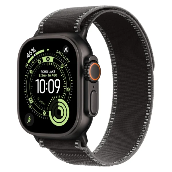 Часы Apple Watch Ultra 3, 49 мм, титан чёрного цвета, ремешок Trail цвета «чёрный/угольно-чёрный»