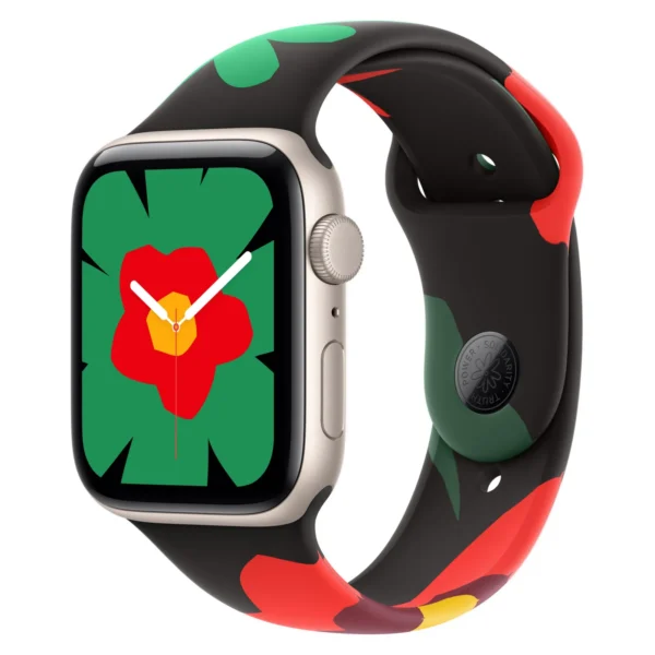 Часы Apple Watch SE 3, 44 мм, Алюминиевый корпус Starlight, Спортивный ремешок Black Unity - Unity Bloom, размер M/L