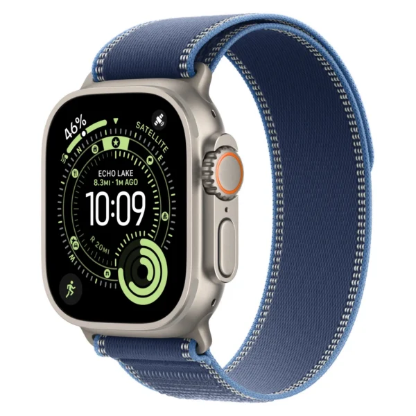 Часы Apple Watch Ultra 3, 49 мм, титан светлого цвета, ремешок Trail цвета «синий/ярко-синий»
