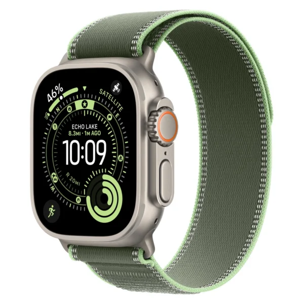 Часы Apple Watch Ultra 3, 49 мм, титан светлого цвета, ремешок Trail цвета «зелёный/неон»