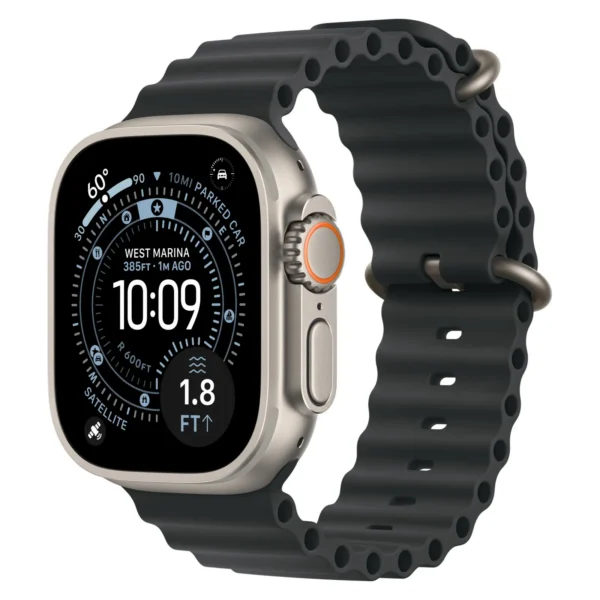 Часы Apple Watch Ultra 3, 49 мм, титан светлого цвета, ремешок Ocean чёрного цвета