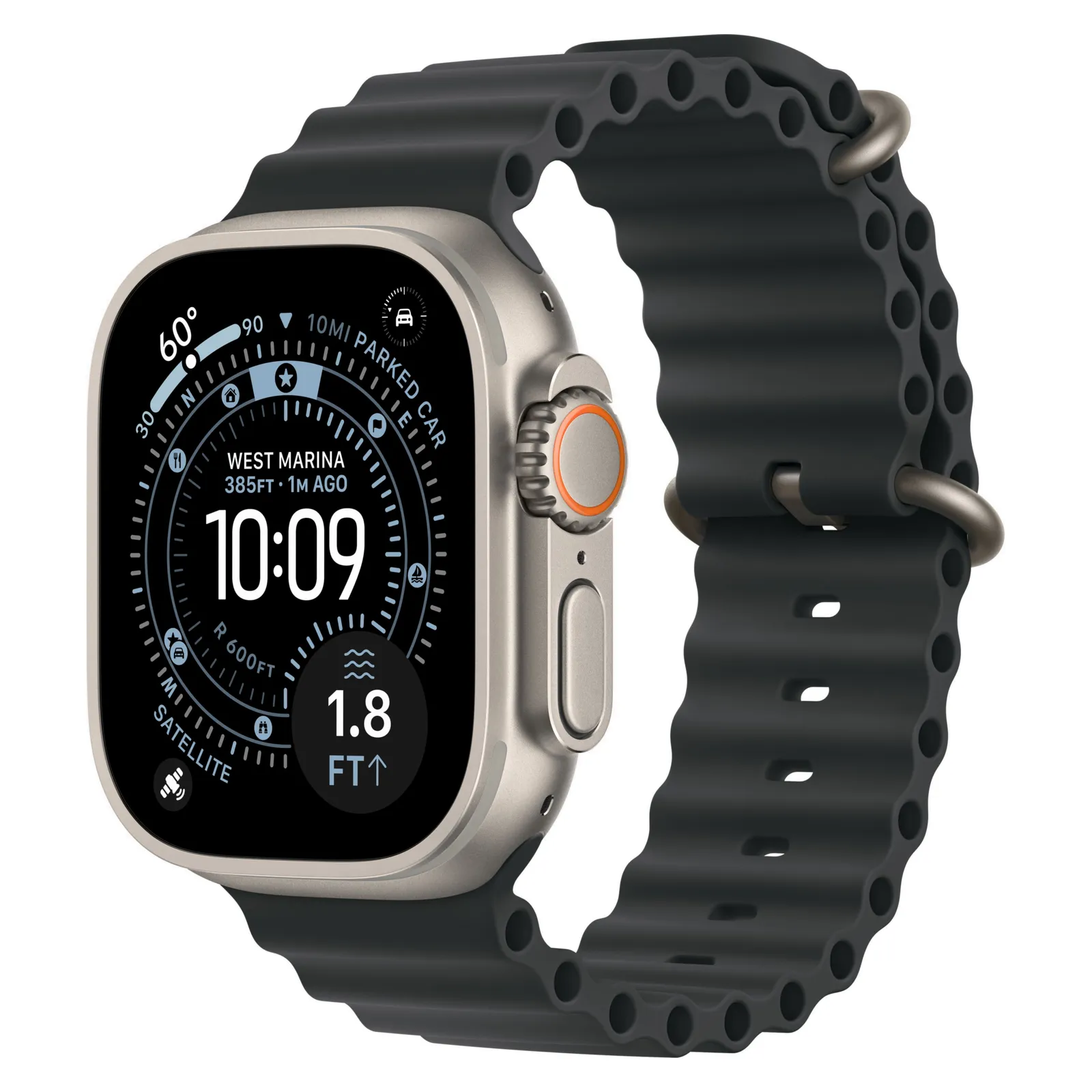 Часы Apple Watch Ultra 3, 49 мм, титан светлого цвета, ремешок Ocean чёрного цвета №1