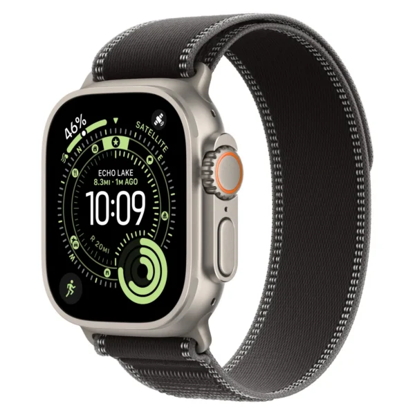 Часы Apple Watch Ultra 3, 49 мм, титан светлого цвета, ремешок Trail цвета «чёрный/угольно-чёрный»
