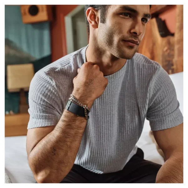 Кожаный ремешок для браслета Whoop 5.0 (ONE, PEAK) LeatherLuxe Band (Black/Cream/Titanium) №3